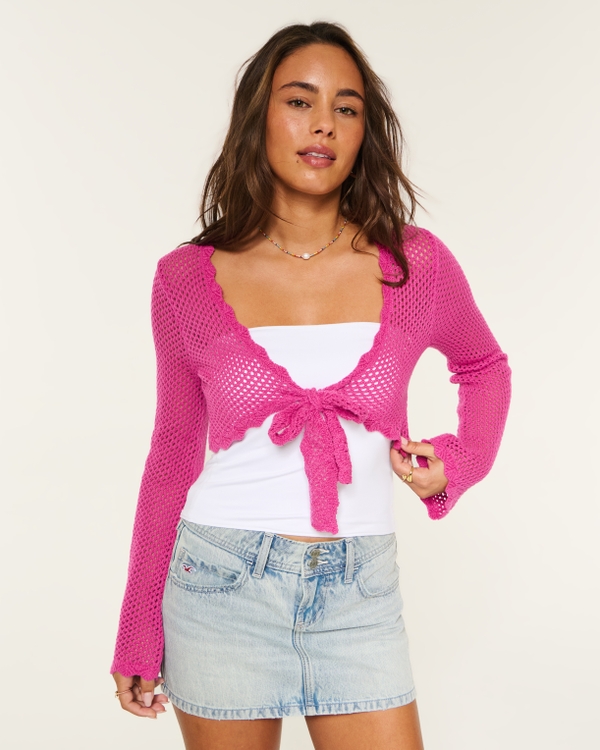 Long-Sleeve Tie Front Shrug, Magenta view 2