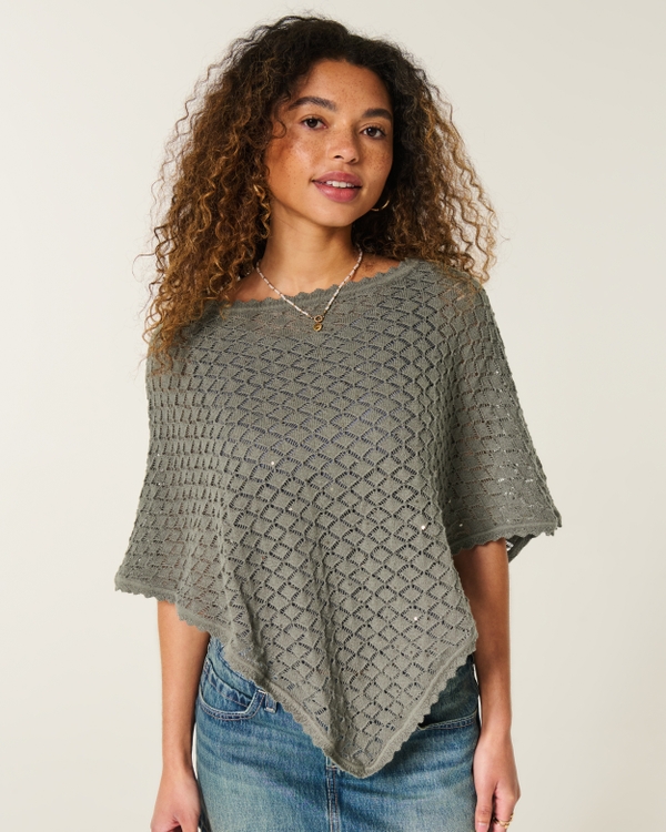 Open-Stitch Sequin Poncho, Olive Embellishment view 1