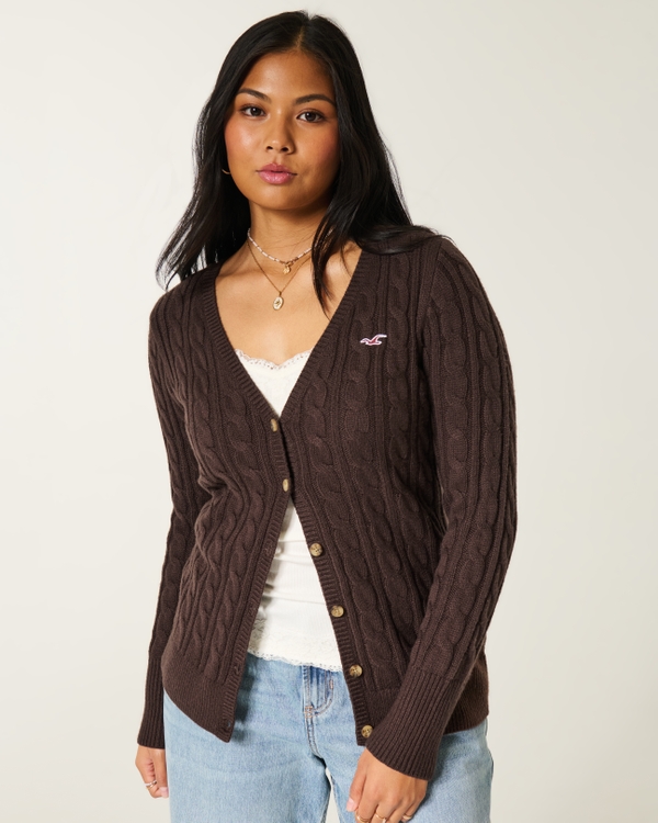 Cable-Knit Icon V-Neck Cardigan, Dark Brown view 1