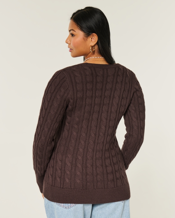Cable-Knit Icon V-Neck Cardigan, Dark Brown view 2