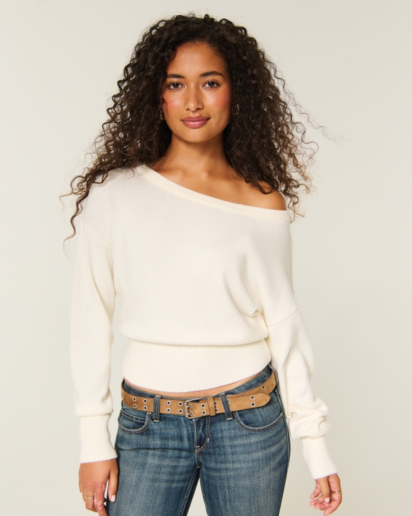 Slouchy Banded Off-the-Shoulder Sweater, Cream view 1