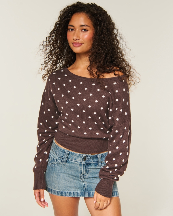 Slouchy Banded Off-the-Shoulder Sweater, Brown Dot view 1