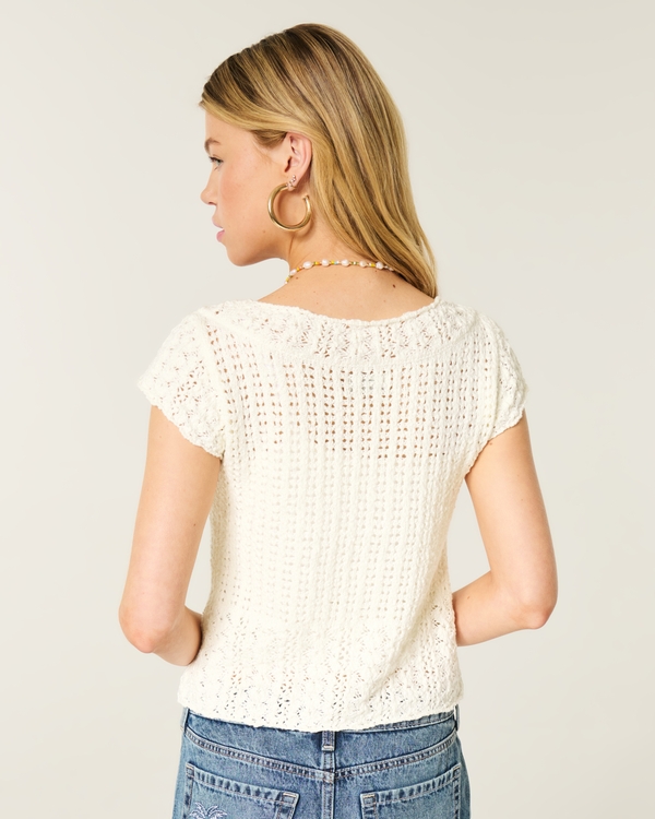 Short-Sleeve Tie Front Open-Stitch Cardigan, Cloud White view 2