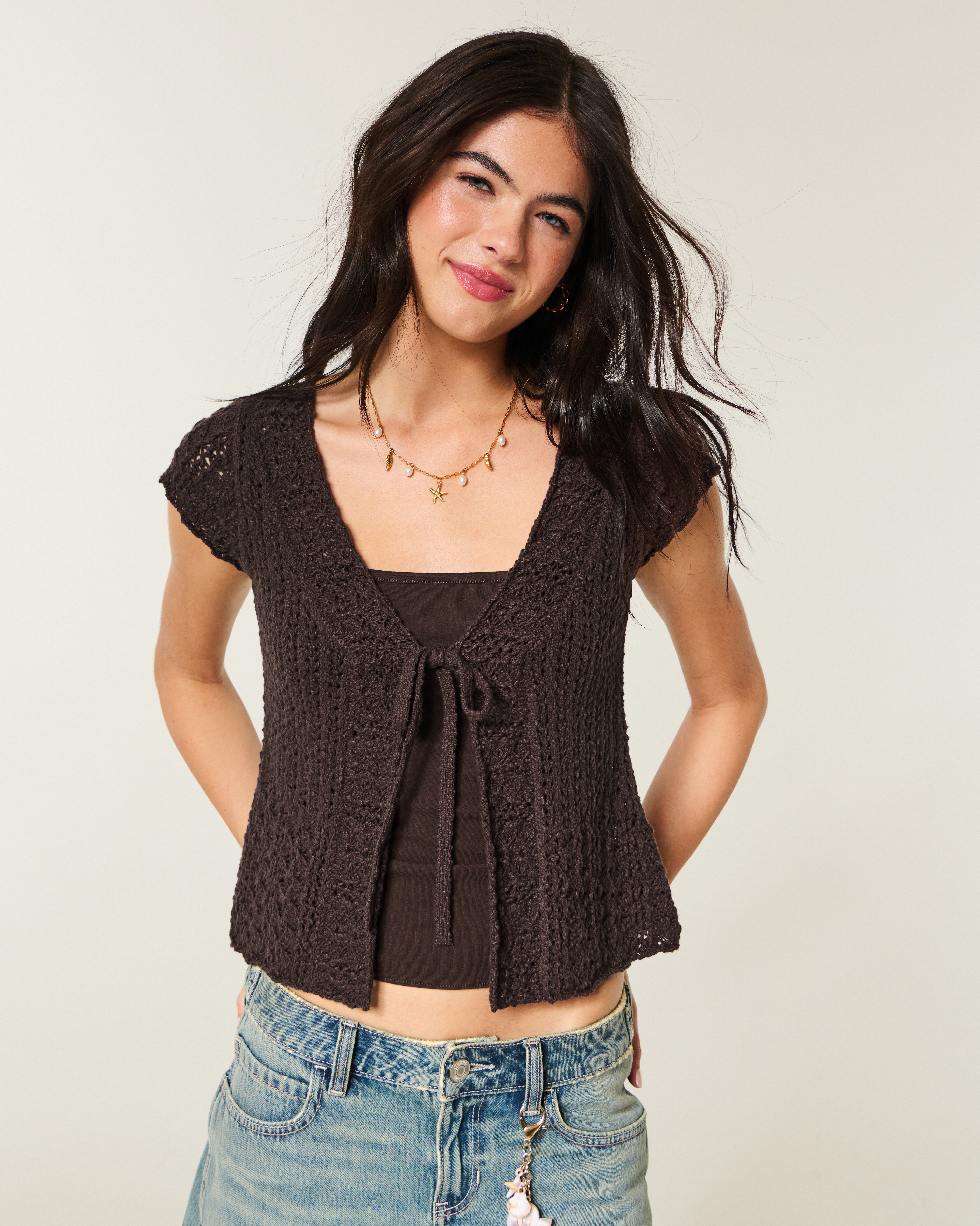 Hollister Short-sleeve Tie Front Open-stitch Cardigan In Brown