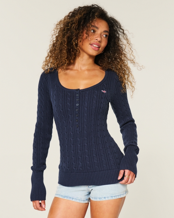 Cable-Knit Icon Henley Sweater, Navy view 1