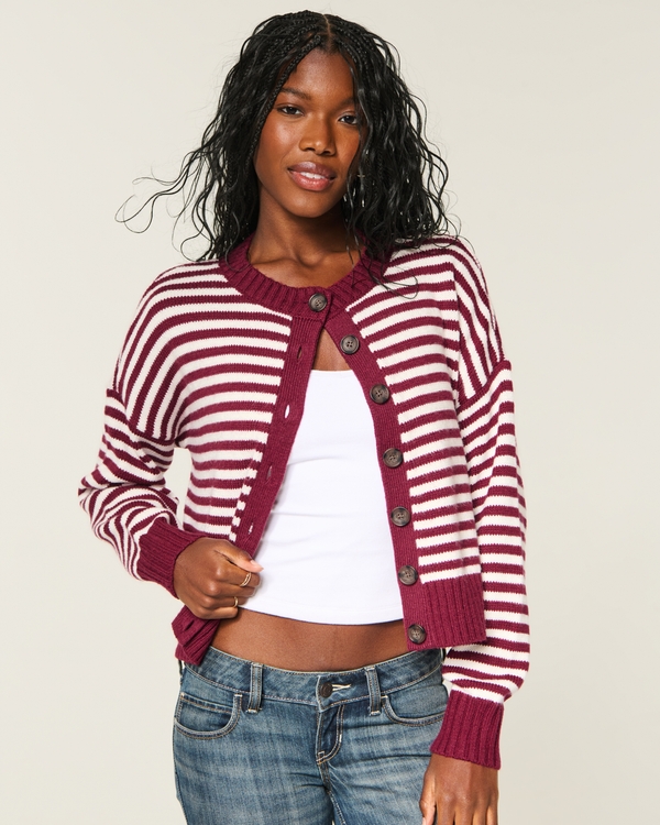 Easy Crew Cardigan, Burgundy Stripe view 2