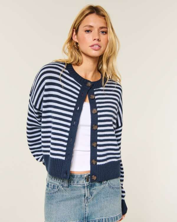 Easy Crew Cardigan, Navy Stripe view 1