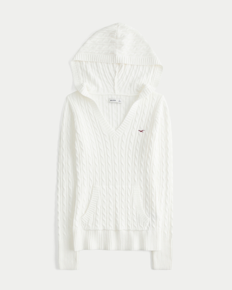 Women's Cable-Knit V-Neck Hoodie Sweater | Women's Clearance