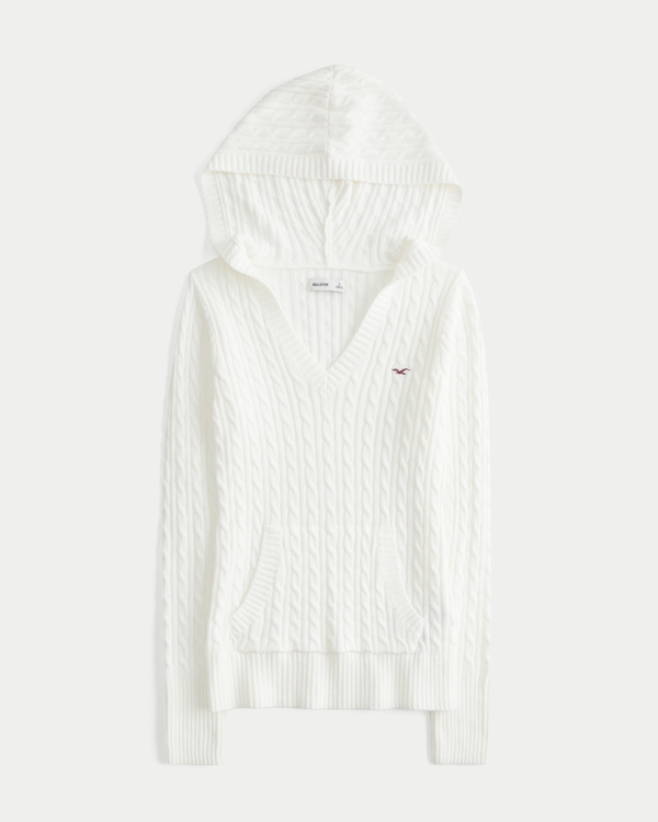 Women's Cable-Knit V-Neck Hoodie Sweater | Women's Clearance