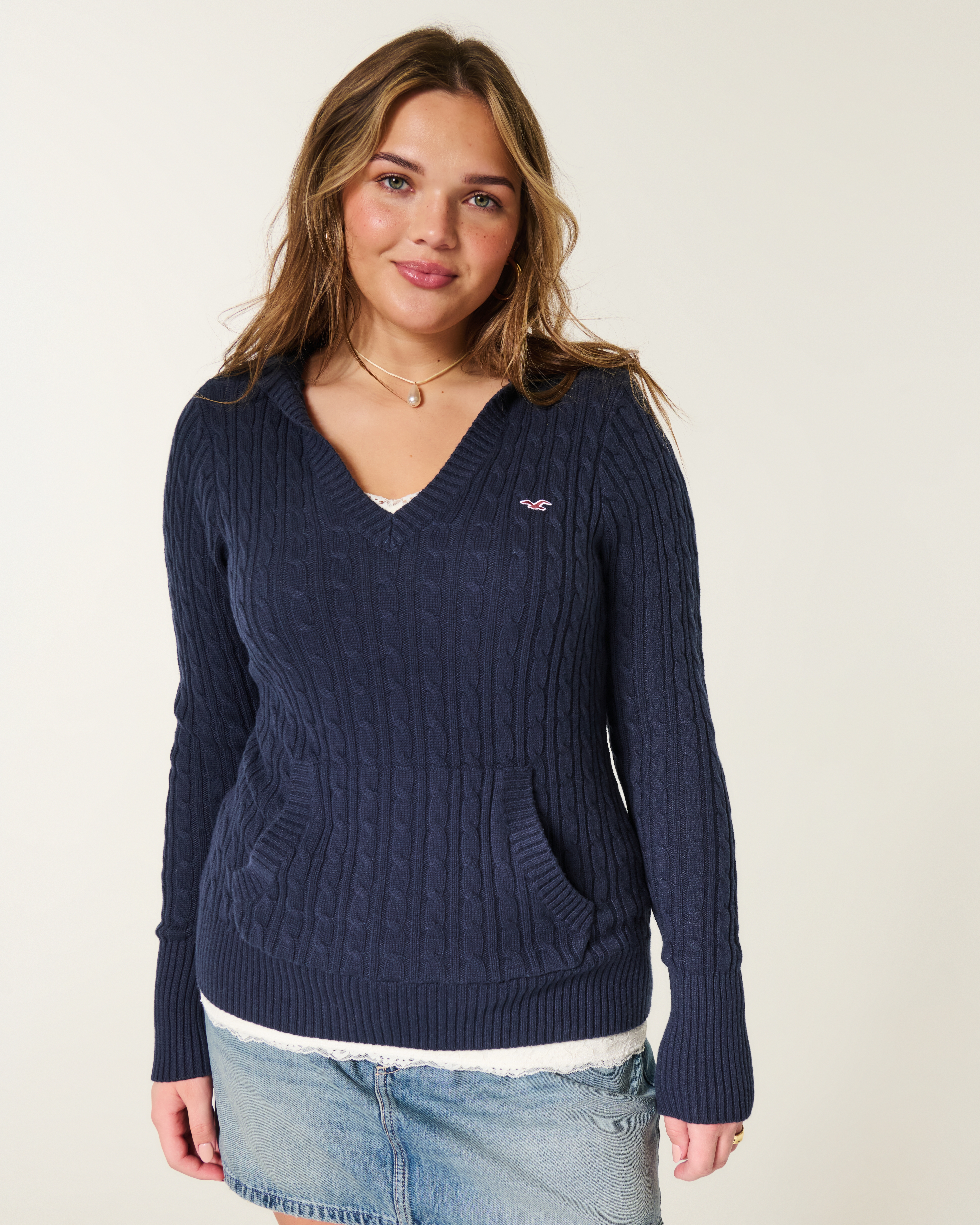 Cable-Knit V-Neck Hoodie Sweater