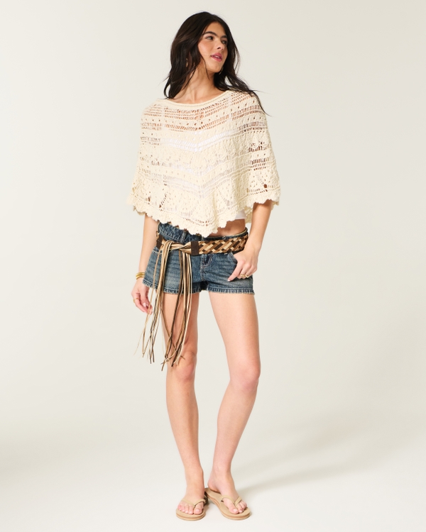 Stitchy Crochet-Style Poncho, Cream view 2
