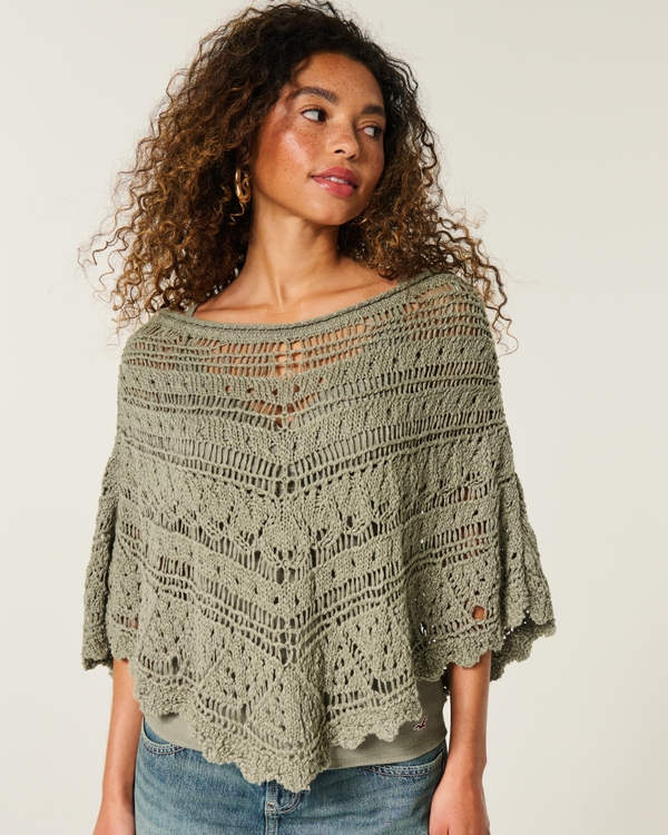 Stitchy Crochet-Style Poncho, Olive view 1