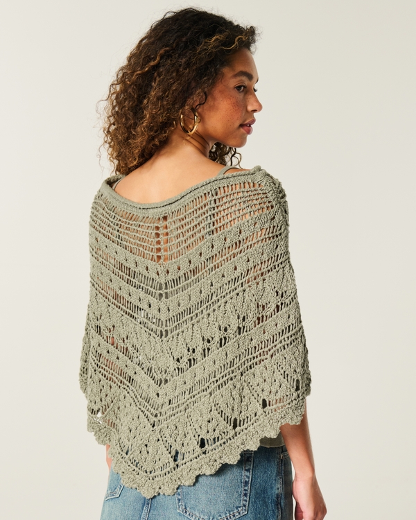 Stitchy Crochet-Style Poncho, Olive view 2