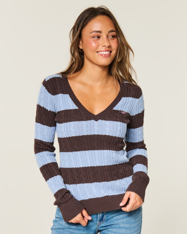 Hollister Ivy Cable-Knit V-Neck Sweater, Brown Stripe view 1