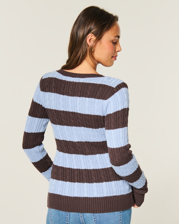 Hollister Ivy Cable-Knit V-Neck Sweater, Brown Stripe view 2