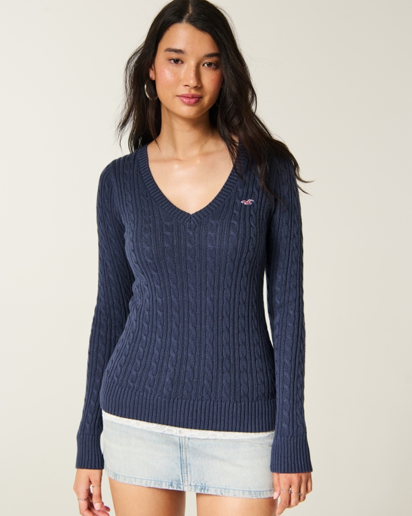 Hollister Ivy Cable-Knit V-Neck Sweater, Navy view 1