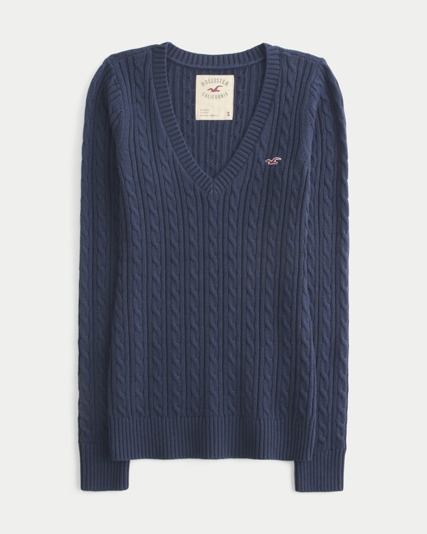 Hollister Ivy Cable-Knit V-Neck Sweater, Navy view 1