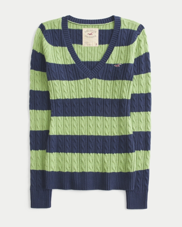 Hollister Ivy Cable-Knit V-Neck Sweater, Green Stripe view 1