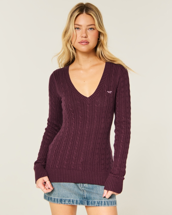 Hollister Ivy Cable-Knit V-Neck Sweater, Burgundy view 1