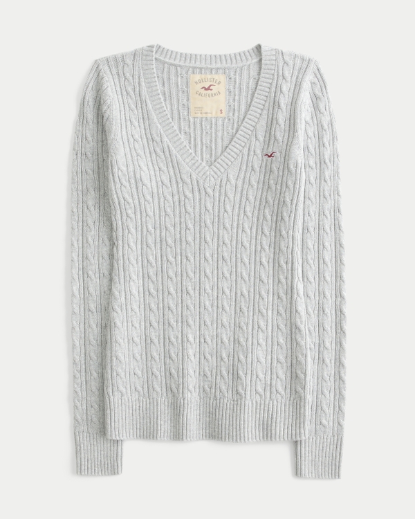 Hollister Ivy Cable-Knit V-Neck Sweater, Heather Grey view 1