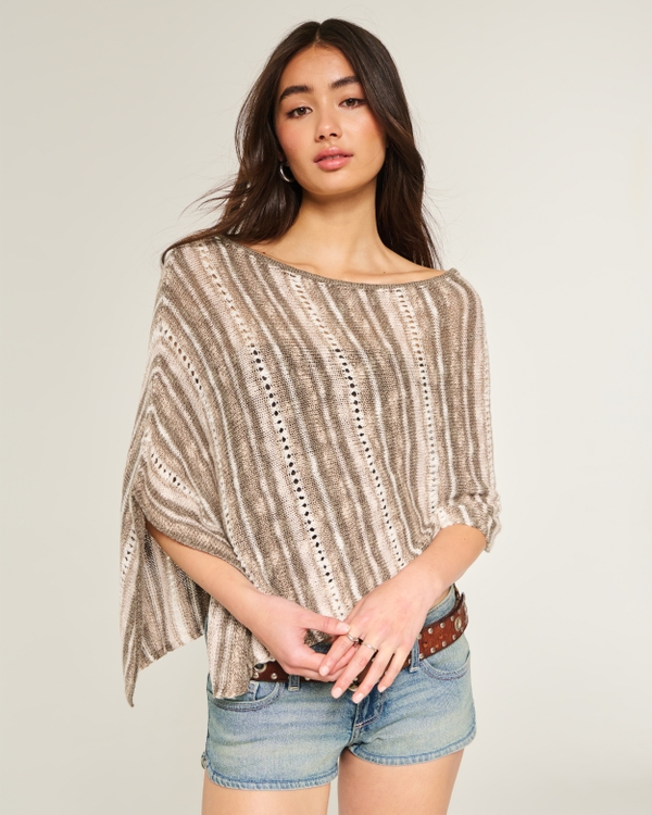 Stitchy Textured Poncho, Light Brown Stripe view 1