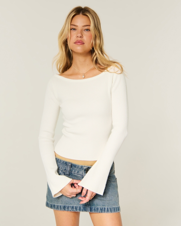 Slash-Neck Bell Sleeve Sweater, White view 2