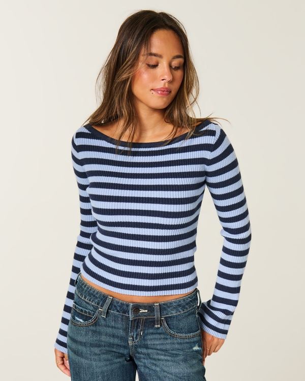 Slash-Neck Bell Sleeve Sweater, Navy Stripe view 1