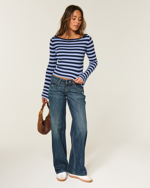 Slash-Neck Bell Sleeve Sweater, Navy Stripe view 2
