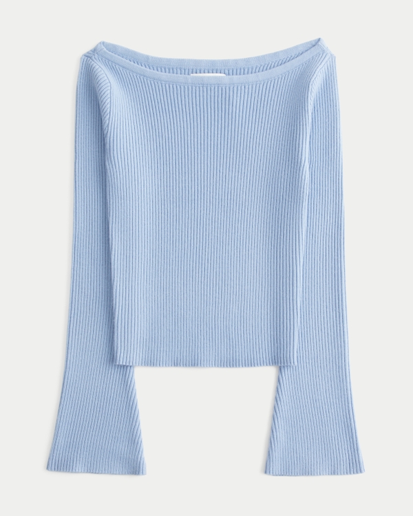 Slash-Neck Bell Sleeve Sweater, Light Blue view 1