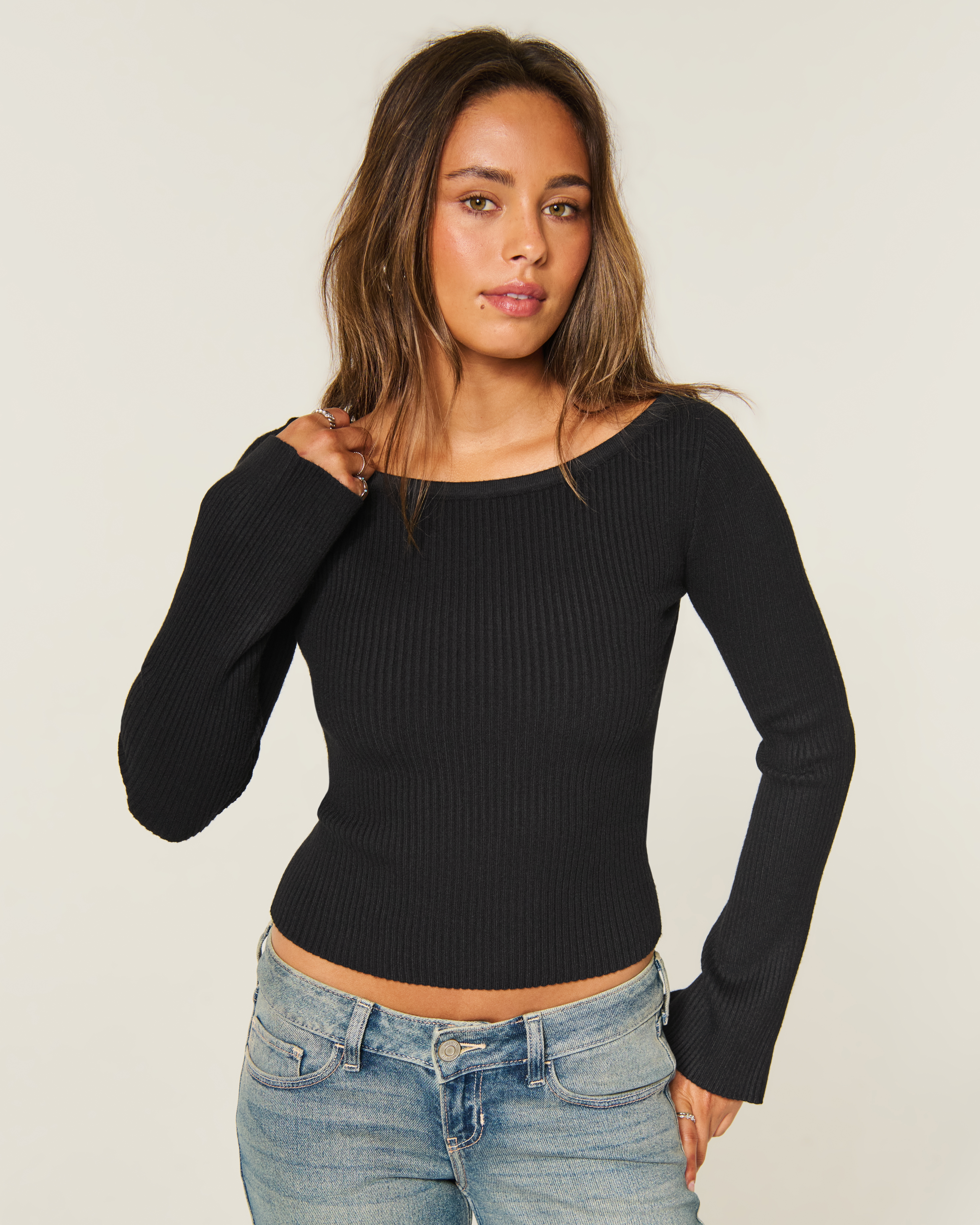 Slash-Neck Bell Sleeve Sweater
