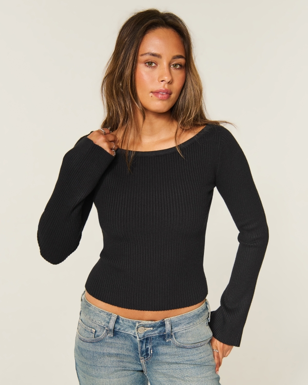 Slash-Neck Bell Sleeve Sweater, Black view 1