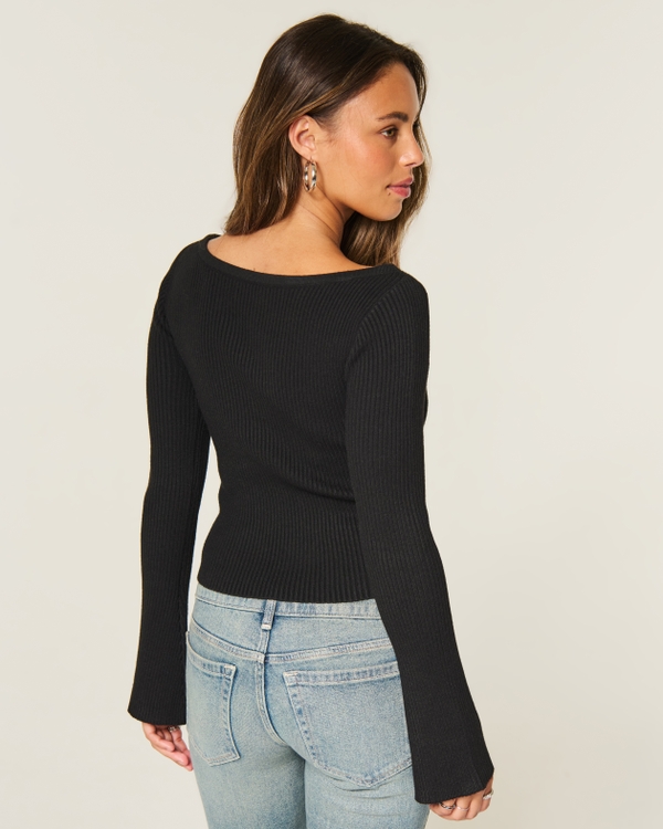 Slash-Neck Bell Sleeve Sweater, Black view 2