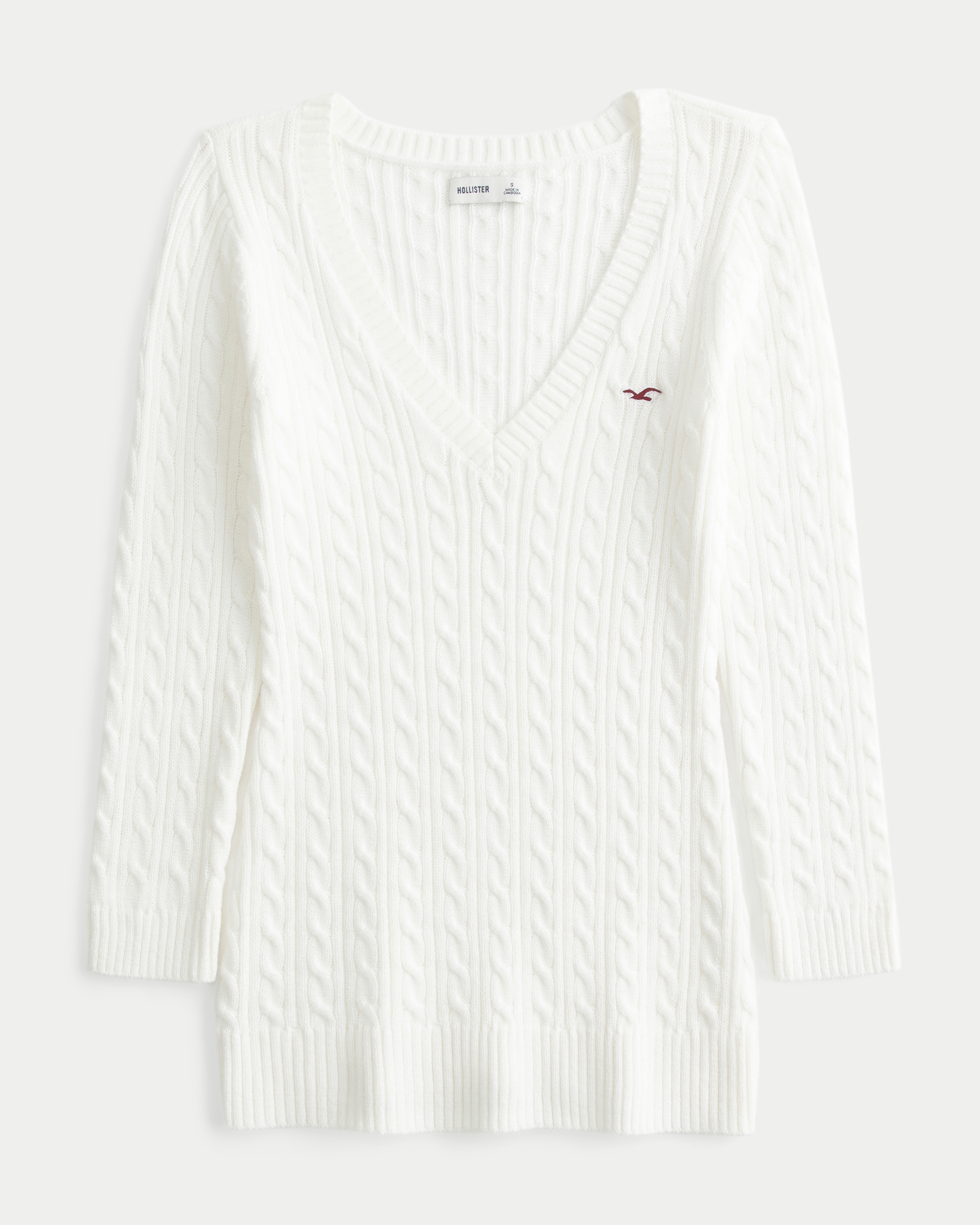Three-Quarter Sleeve Cable-Knit V-Neck Sweater
