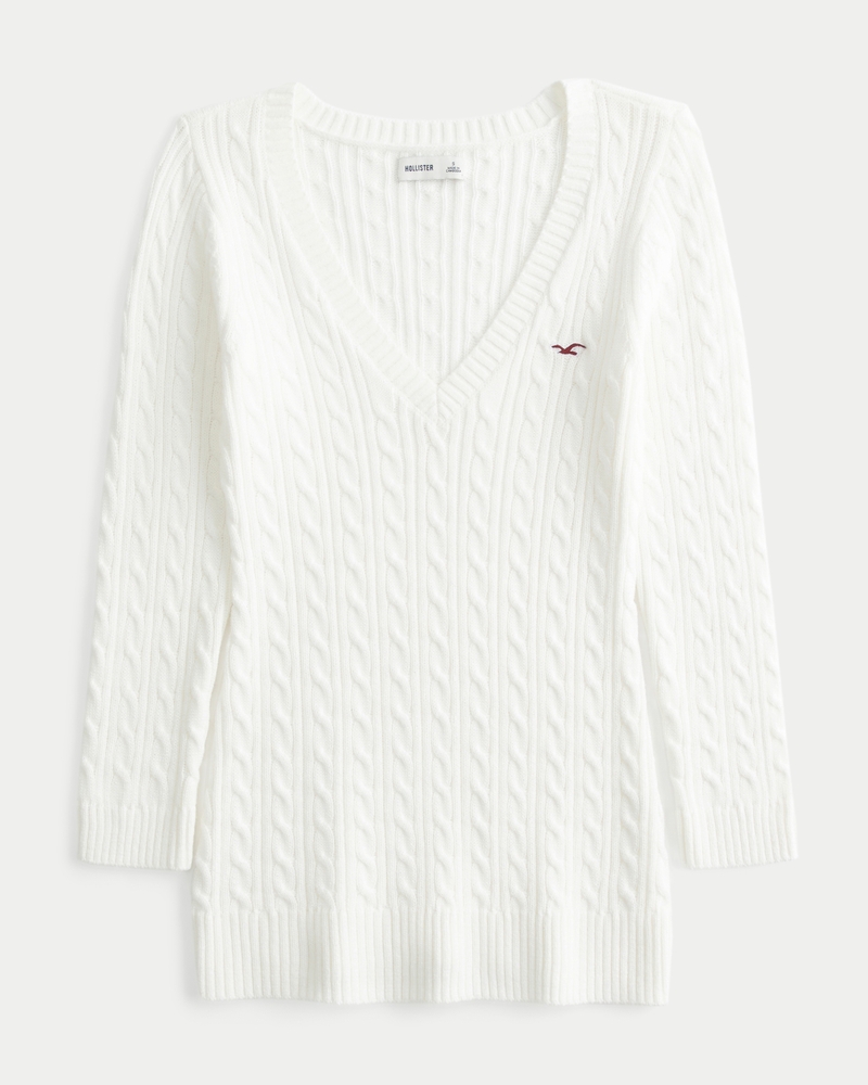 Women's Three-Quarter Sleeve Cable-Knit V-Neck Sweater | Women's