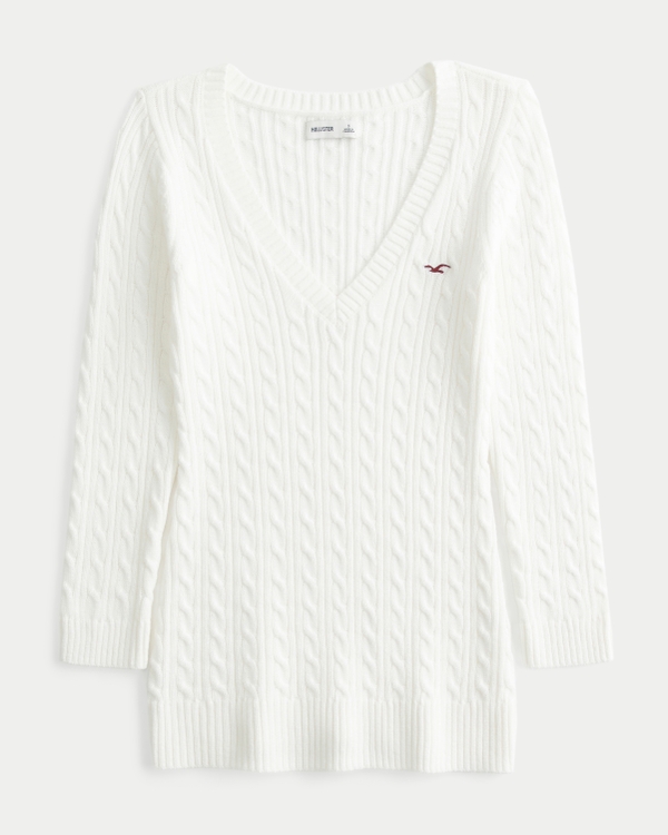 Women's Three-Quarter Sleeve Cable-Knit V-Neck Sweater | Women's