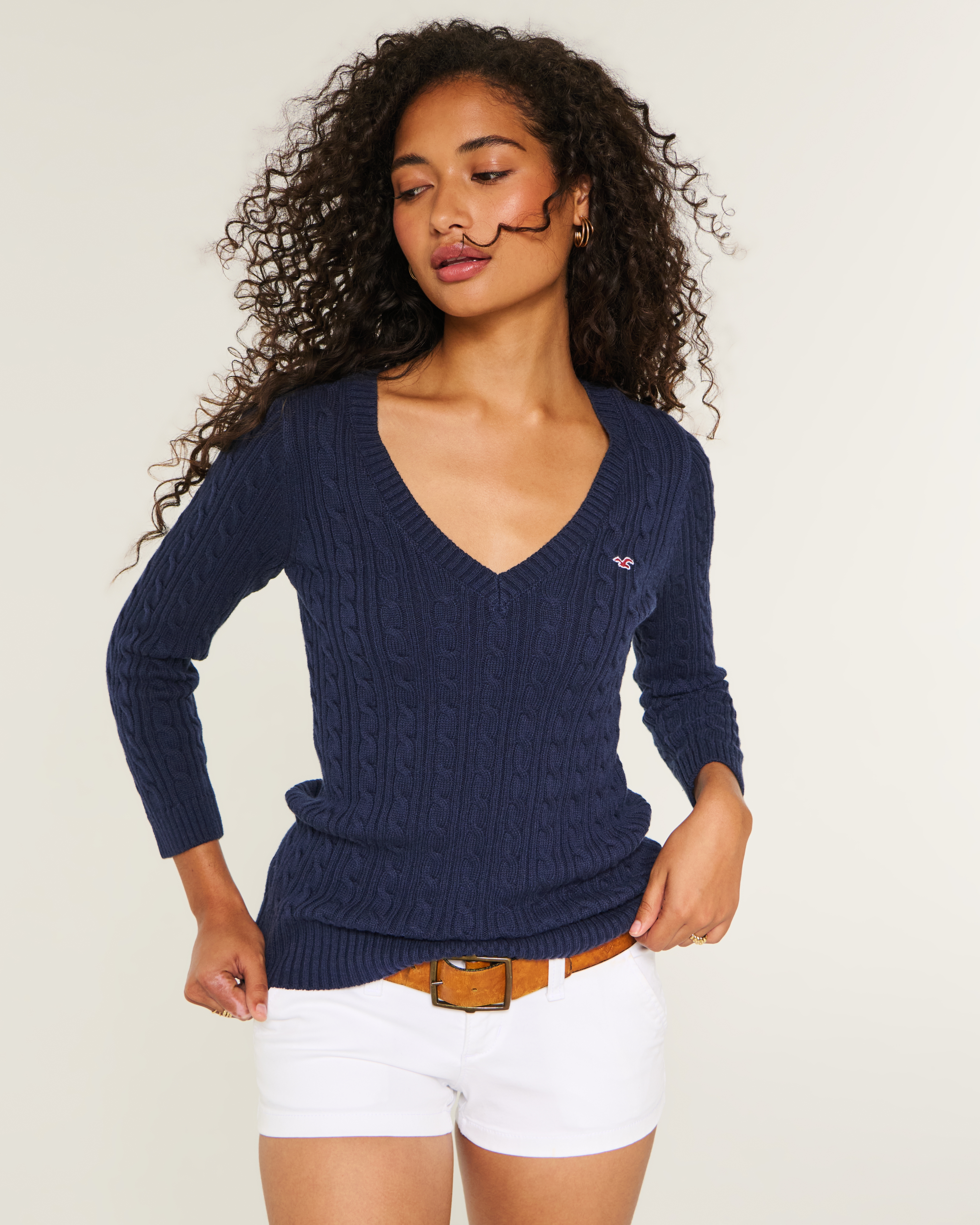 Three-Quarter Sleeve Cable-Knit V-Neck Sweater