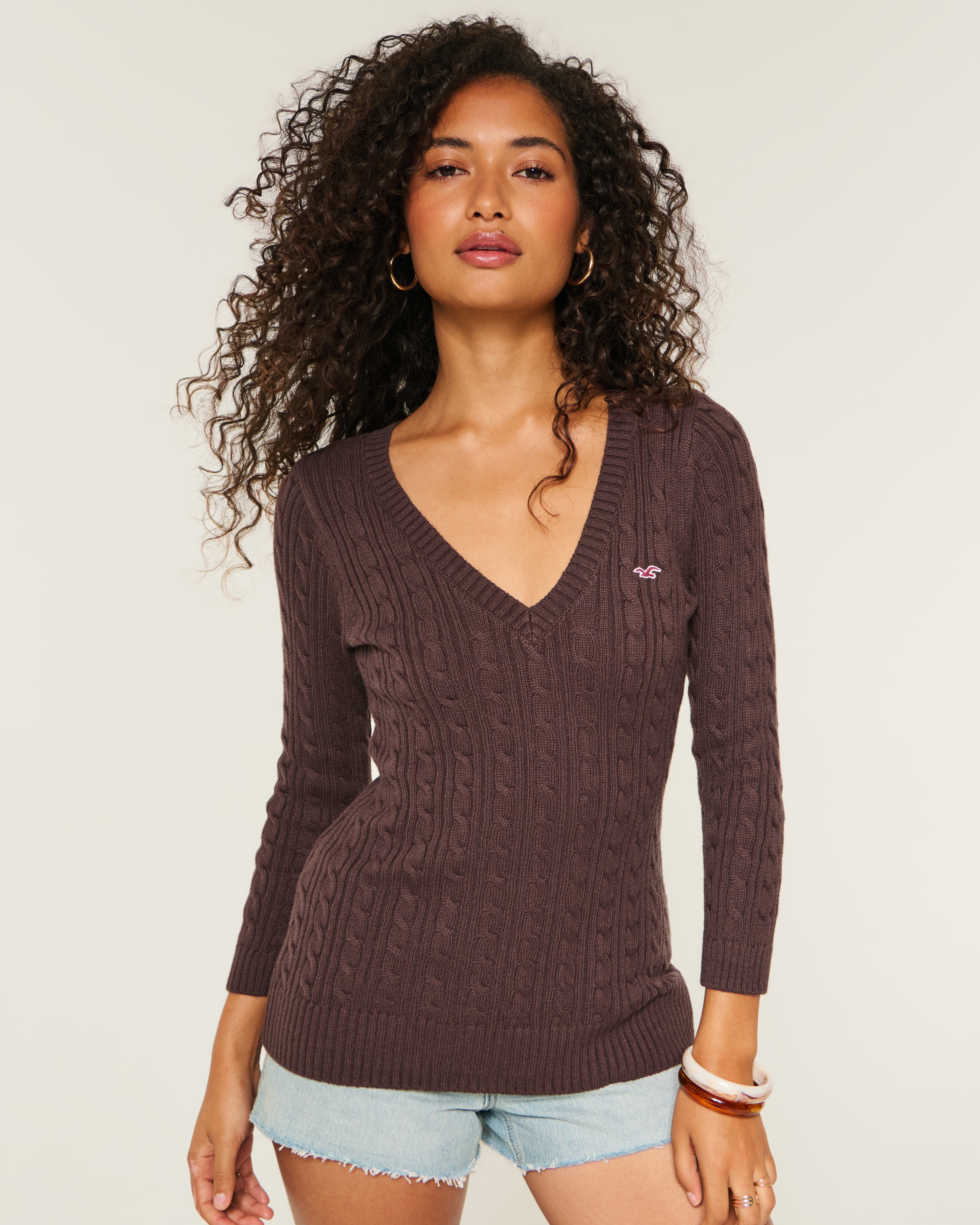 Three-Quarter Sleeve Cable-Knit V-Neck Sweater