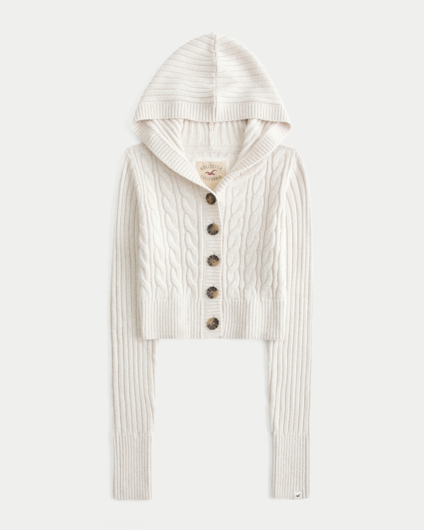 Shrunken Cable-Knit Hooded Cardigan, Med Grey Sd/texture view 1