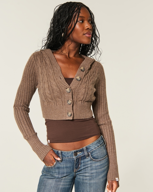 Shrunken Cable-Knit Hooded Cardigan, Brown view 1