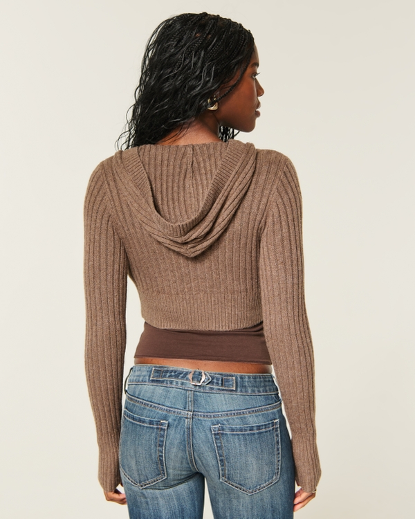 Shrunken Cable-Knit Hooded Cardigan, Brown view 2