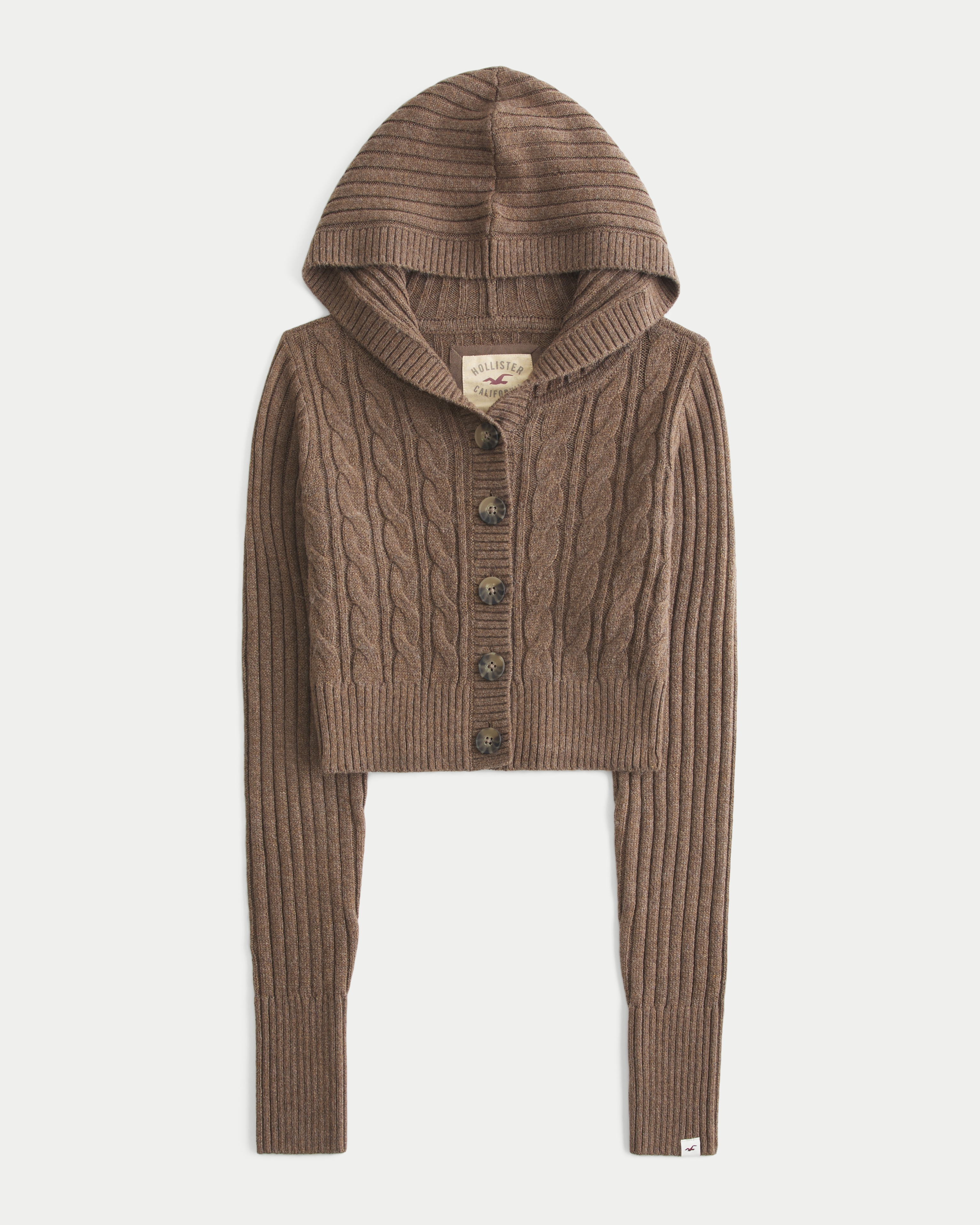 Shrunken Cable-Knit Hooded Cardigan