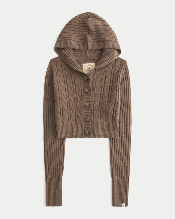 Shrunken Cable-Knit Hooded Cardigan, Brown view 1
