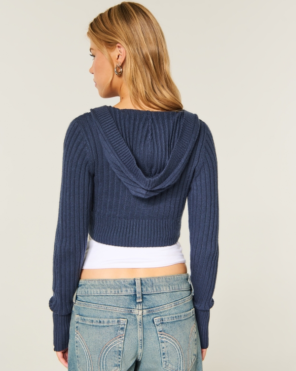 Shrunken Cable-Knit Hooded Cardigan, Navy view 2
