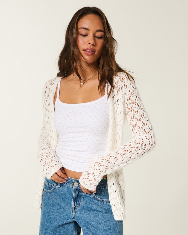 Open-Stitch No-Close Cardigan, Cloud White view 1