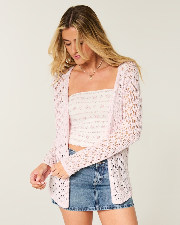 Open-Stitch No-Close Cardigan, Light Pink view 1
