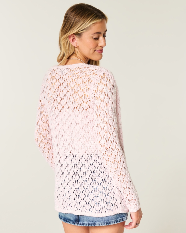 Open-Stitch No-Close Cardigan, Light Pink view 2