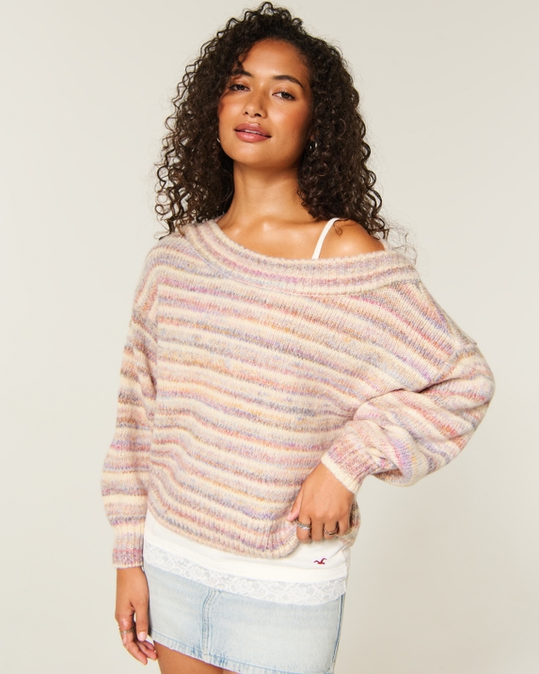 Lofty Off-the-Shoulder Sweater, Light Heather Brown view 1