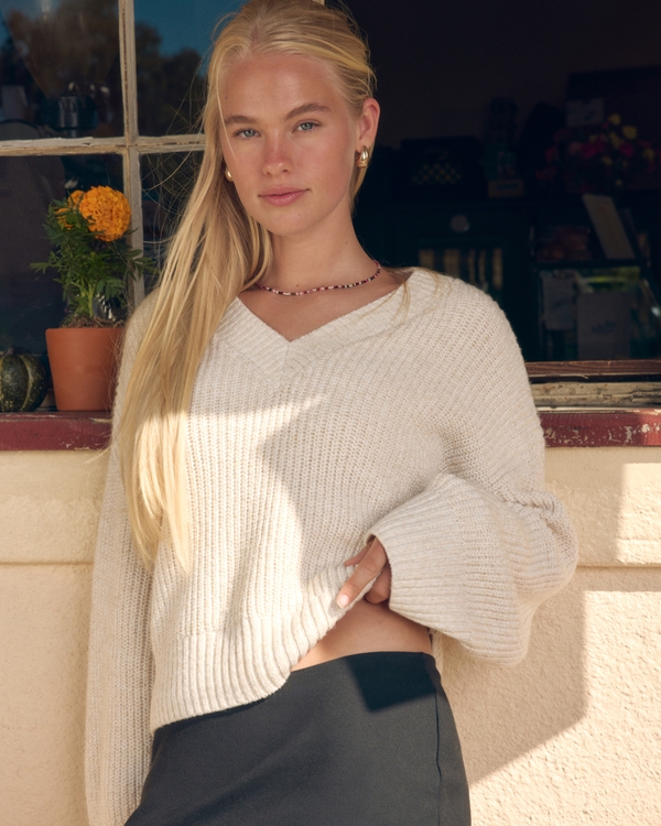 Easy V-Neck Shaker Sweater, White view 1