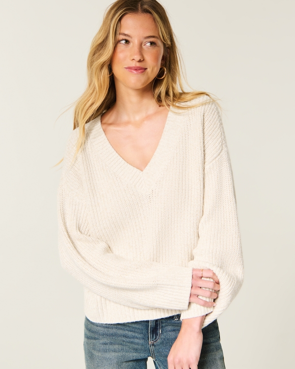 Easy V-Neck Shaker Sweater, White view 1