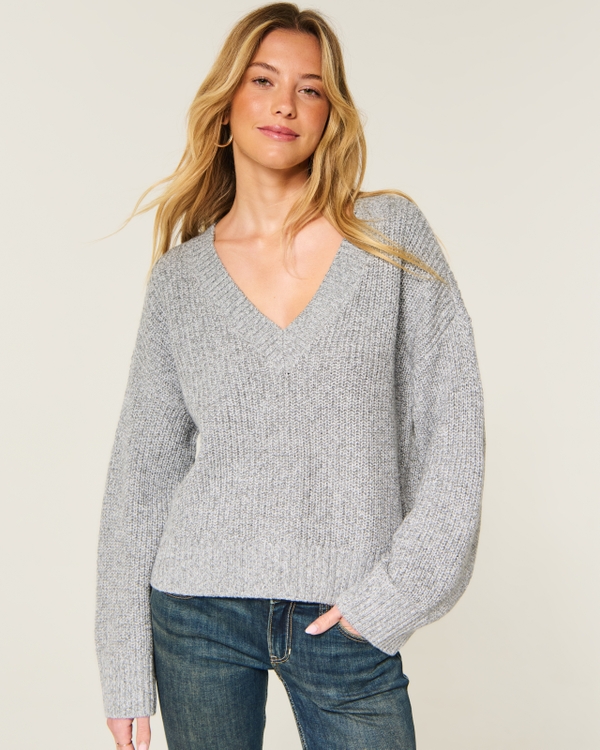 Easy V-Neck Shaker Sweater, Navy Pattern view 1